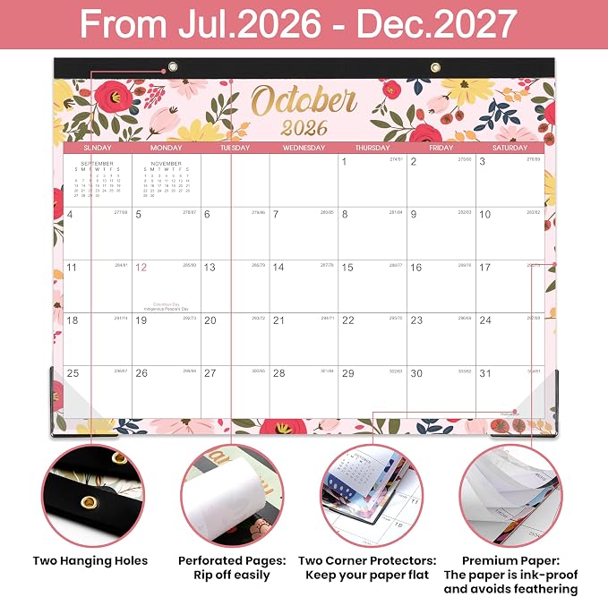 Desk Calendar/Calendar 2026-2027- Calendar 2026-2027, 12 Monthly Desk/Wall Calendar 26-27 Until December 2026,12" x 15", Thick Paper with Corner Protectors, Large Ruled Blocks - Floral