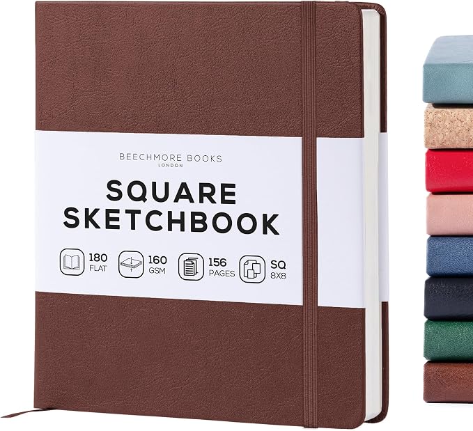 Beechmore Books Square Mixed Media Sketchbook - 8"x8" Inch Professional Art Journal, 160 GSM / 98 lb Ivory Paper, Perforated Pages, Vegan Leather Hardcover, Lay-Flat Design for Drawing & Doodling