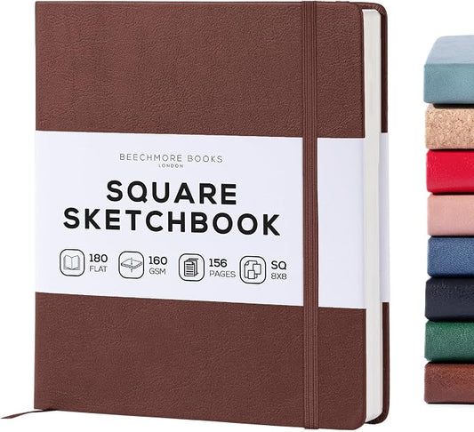 Beechmore Books Square Mixed Media Sketchbook - 8"x8" Inch Professional Art Journal, 160 GSM / 98 lb Ivory Paper, Perforated Pages, Vegan Leather Hardcover, Lay-Flat Design for Drawing & Doodling