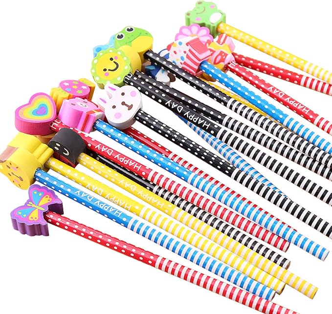 Cute Pencils for Kids, Fun Pencil with Erasers Toppers, Woodcased #2 Pencils for School Classroom(12 Pack)