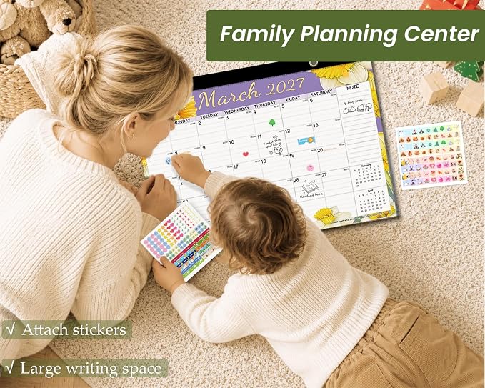 Desk Calendar 18 Months 17" x 11.4", Flower-1 PACK | 110 GSM Thick No-Bleed Paper | Large Ruled Blocks | Transparent Cover | Matching Stickers | Perfect for Home & Office