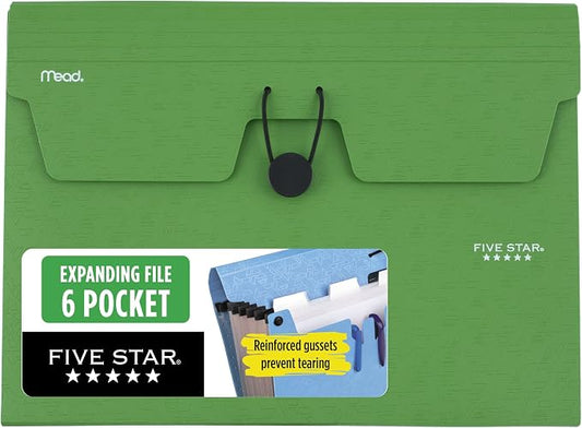 Five Star Expanding File Organizer, 6-Pocket Accordian File Organizer, Bungee Closure, Holds 8-1/2" x 11" Paper, Forest Green (350100D-ECM)