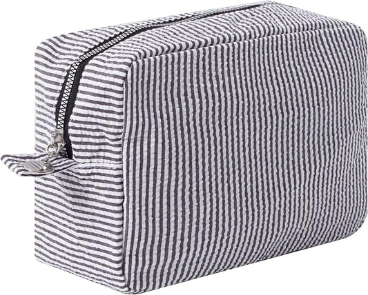 Large Capacity Striped Pencil Case Cosmetic Bag with Zipper Portable Stationery Organizer Pouch for School Students Teens Travel Toiletry Bag (Black)