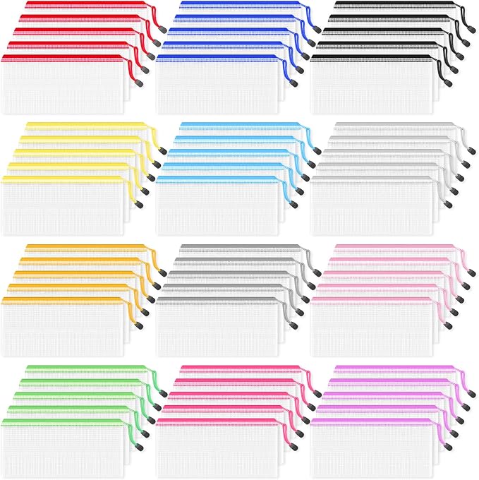 Smarpau 60 Pcs Pencil Pouch, 12 Colors Small Mesh bags Pencil Cases | 9.3" x 4.7" Waterproof Zipper Pouch for Organizing Travel, Office Storage