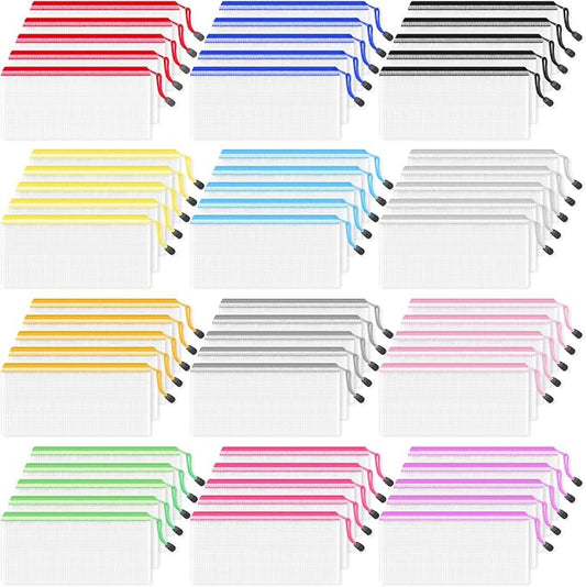 Smarpau 60 Pcs Pencil Pouch, 12 Colors Small Mesh bags Pencil Cases | 9.3" x 4.7" Waterproof Zipper Pouch for Organizing Travel, Office Storage