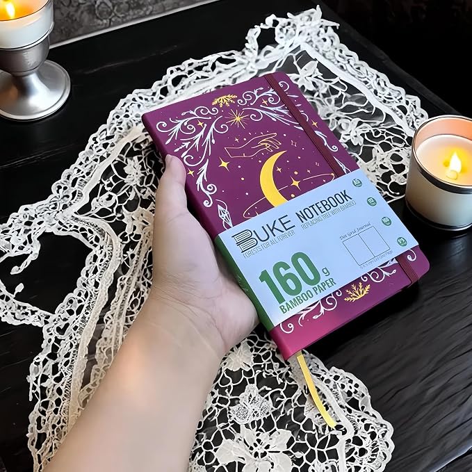 BUKE A5 Dotted Journal – 160gsm Ultra Bamboo Paper, Moon & Star Foil Cover, Flat Lay Notebook with Gift Box – 160 Pages, 5mm Dot Grid, Faux Leather Hardcover (Red)