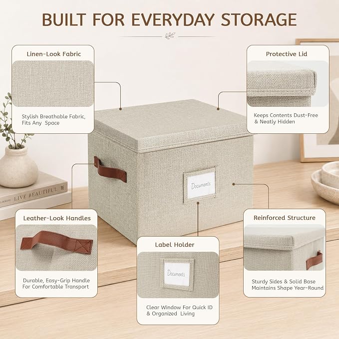 Collapsible File Storage Box with Lid, Beige | Office files & board games | Includes labels & glue dots | Fits A4/B4 papers | Faux leather handles & label window