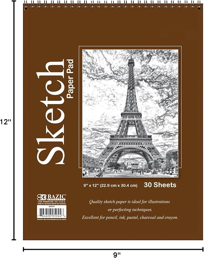 BAZIC Products Spiral Sketch Pad, Top Bound, 9 x 12 in, 30 Sheets | 30-sheet spiral sketch pad, smooth drawing paper for sketching, shading