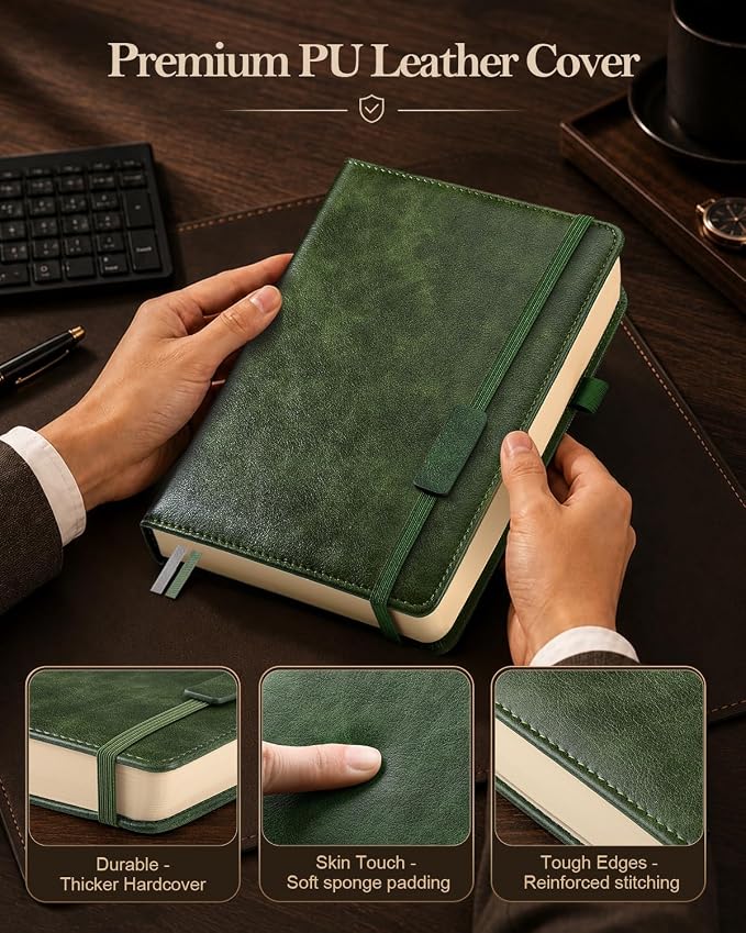 Lined Hardcover Leather Journal Notebook: A4 Journal for Women Men, Green | 312 Numbered Pages & Content, 100GSM Thick Paper, College Ruled Journals Note Book for Business Work Writing Diary