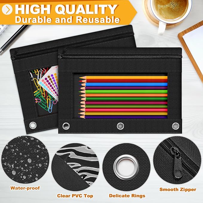 24 Pack Pencil Pouch for 3 Ring Binder Pencil Case with Clear Window Zipper | 3-Holes Zipper Pencil Pouches in Assorted Colors, Sturdy and Durable Zipper Pencil Pouch for Office College School Supplies