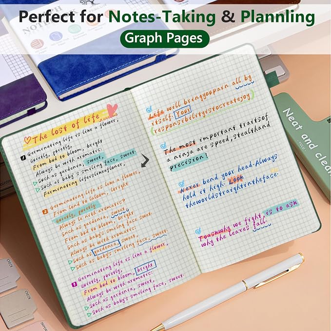 PERCUN A5 Graph Paper Notebook, Leather Journal, 160 Pages Grid Notebook | 5.9"x8.5" hardcover journal with quad ruled paper for work, school, writing, notes, journaling and daily planning.