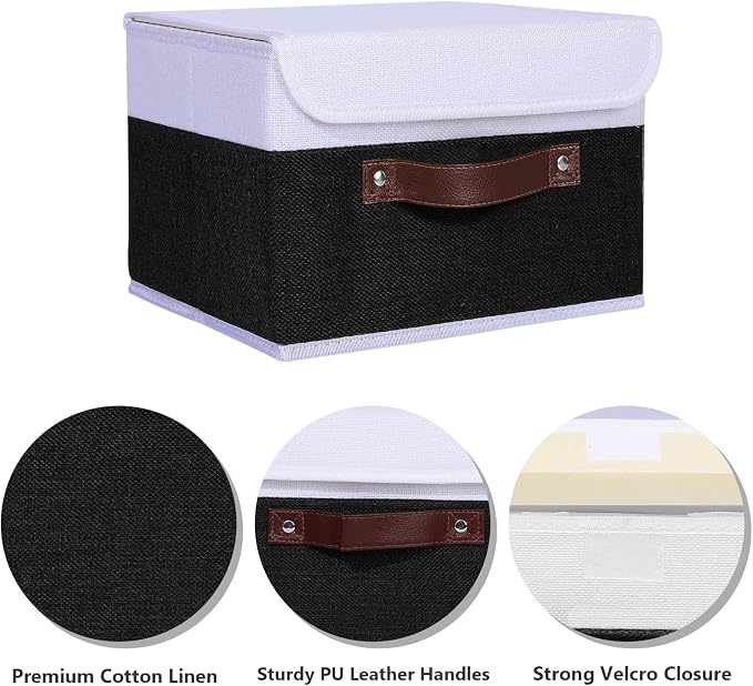 ANMINY Storage Boxes with Lids Washable Decorative Storage Bins Basket with PU Leather Handle Foldable Linen Fabric Storage Cubes Containers for Home Closet Organizer - Black White, Medium
