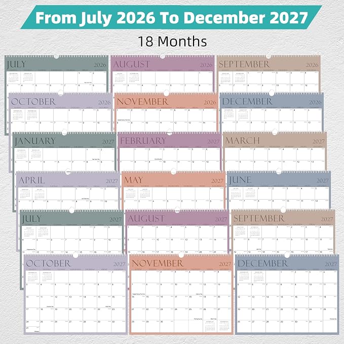 MZD8391 Calendar 2026-2027, Wall Calendar 2026-2027 From July 2026 To December 2027, 14" x 11" Paper Calendars with Julian Date and Blank Block for New Year, 18 Months Calendar Planner
