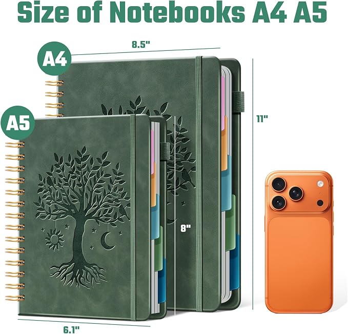 Ovesmusl Hardcover Spiral Notebook 6.1" x 8.4" with 5 Removable Dividers 300 Pages Leather 5 Subject Notebook College Ruled 100GSM Large Spiral Notebooks for Work Thick Lined Journal for Women, Green