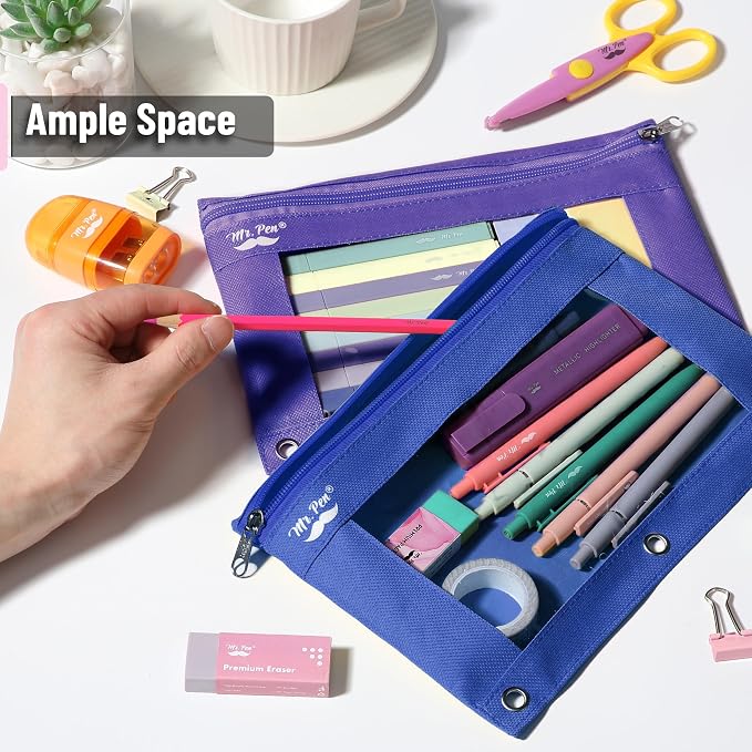 Mr. Pen- Pencil Pouch for 3 Ring Binder, 2 Pack, 10"x6.75", Smooth Zipper | Clear Window, Large Capacity Pencil Case with 3 Reinforced Grommets for School, Office, Supplies Storage | Clear Window, Large Capacity Pencil Case with 3 Reinforced Grommets f...