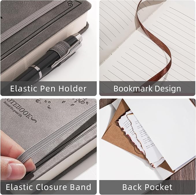 Lined Notebook with Gift Box for Women Men 320 Pages A5 Hardcover Leather with Pen Holder College Ruled Journals for Work Note Taking Travel School Gray