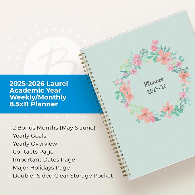 Blue Sky 2025-2026 Weekly & Monthly Academic Planner, 8.5"x11", Laurel | July 2025 - June 2026, Flexible Cover, Wirebound, Laminated Tabs, Storage Pocket, Academic Year