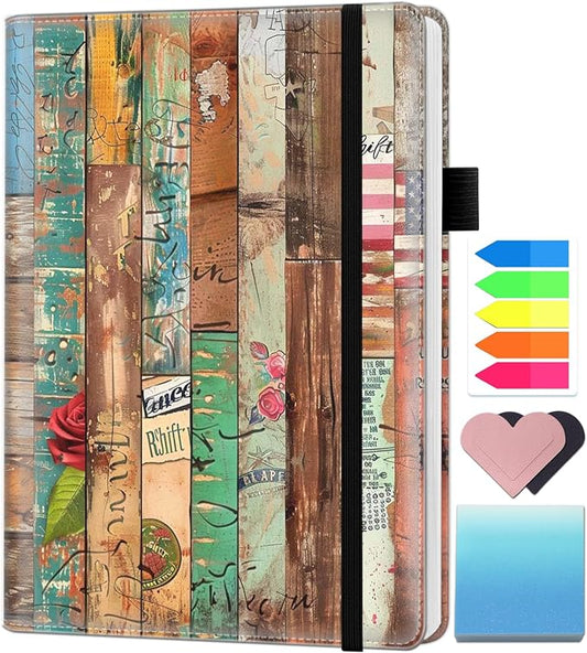A5 Leather Lined Journal Notebook, 200 Pages Hardcover Executive Notebook for Men Women Office School Note Taking, Thick Writing Paper Daily Journal with Bookmarks/Indexes, Wood Board Art