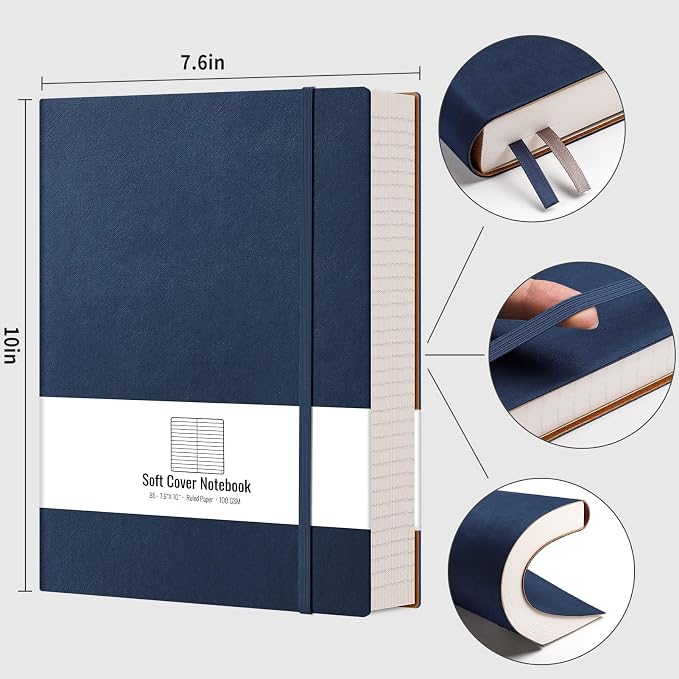 AHGXG Lined Journal Notebook, 320 Numbered Pages, B5 (7.6'' X 10'') | Leather Journal for Women, 100gsm Thick College Ruled Paper, Softcover Journal for Writing Work School (Dark Blue)