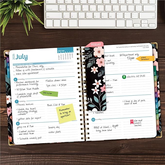 HARDCOVER Academic Year 2026-2027 Planner: 14 Months (May 2026 Through June 2027) 8.5"x 11" Daily Weekly Monthly Planner Yearly Agenda. Bookmark, Pocket Folder and Sticky Note Set (Black Floral Pink)