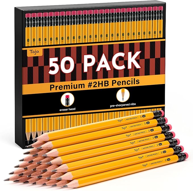 Taja 50 Pack Wood-Cased #2 HB Pencils, Bulk Pre-Sharpened Pencils with Top Erasers, Perfect for School & Classroom Writing and Drawing - Yellow