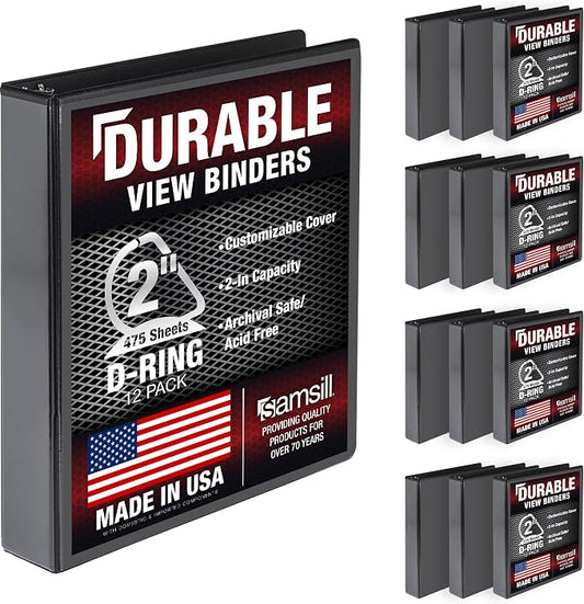 Samsill Durable 2 inch 3 Ring Binder, D Ring Binder, 100% Recycled Chipboard, Black, 12 Pack