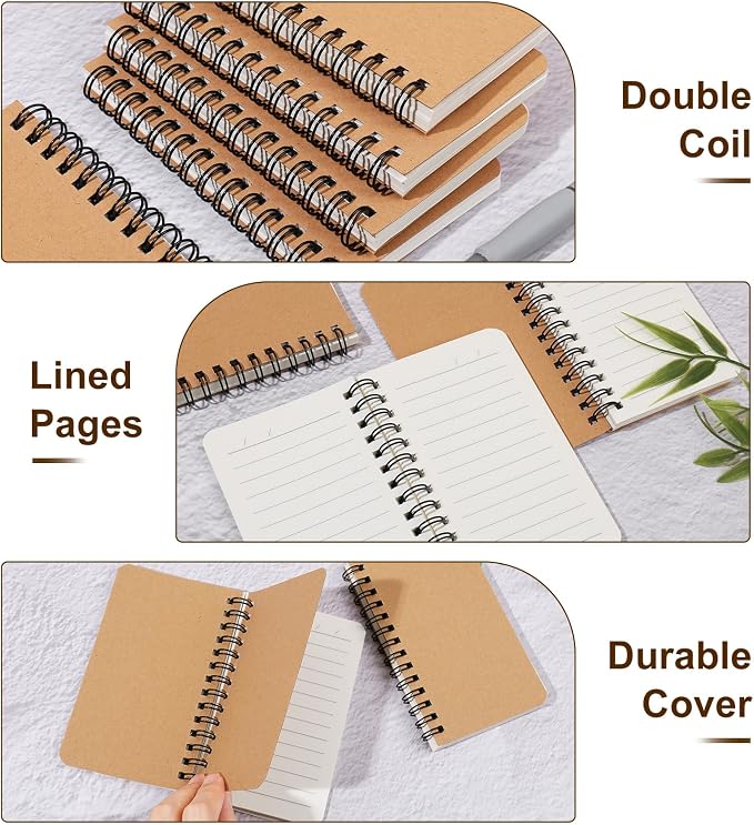 miikoul 120 Pack Spiral Memo Pads 3x5 Inch Small Pocket Notebooks with Double Twin-Wire Binding 60 Sheets/120 Pages Khaki Kraft Cover Mini Journal Notepads Ruled for Note Taking School Office Supplies