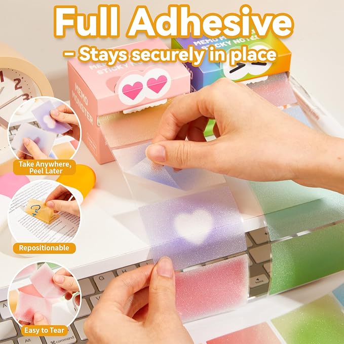 Monster Sticky Notes – Glittery Semi-Transparent Full-Adhesive Sticker Notes with Cute Monster Box, 105 Sheets for School Supplies, Office Products, Journaling, Scrapbooking & Labels （Rainbow）