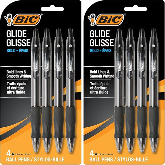 BIC Glide Bold Black Ballpoint Pens,Bold Point (1.6mm),Retractable Ballpoint Pens With Comfortable Full Grip,4 Count (Pack of 2)