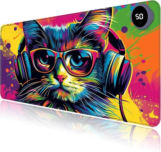 Heated Mouse Pad with 3 Levels Heated & 3 Hours Auto Shut-Off Mouse Pad for Warming Hands in Office Home, 23.6" x 14.2"Large Safe Desk Mat Hand Warmer，Colorful Eyeglass Cat