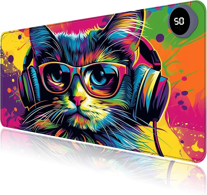 Heated Mouse Pad with 3 Levels Heated & 3 Hours Auto Shut-Off Mouse Pad for Warming Hands in Office Home, 31.5" x 13"Large Safe Desk Mat Hand Warmer，Colorful Eyeglass Cat