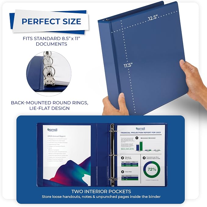 Samsill Economy 1.5 Inch 3 Ring Binder Round Ring Binder, Non-Stick Customizable Cover, Dark Blue (18502)