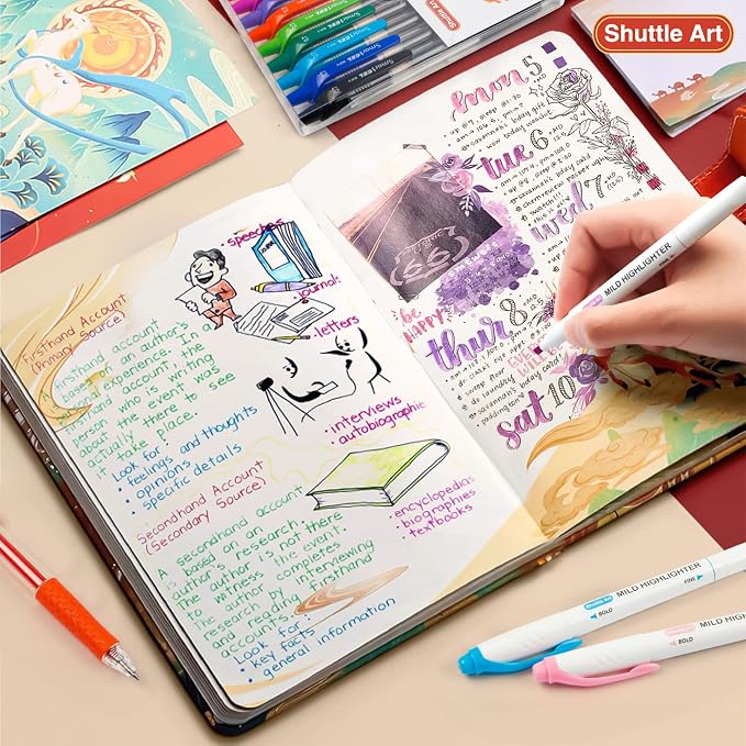 Shuttle Art 20 Pack Journaling Kit,10 Colors Dual Tip Highlighters and 10 Colors Retractable Gel Ink Pens,Perfect for Adults Coloring,Underlining, Highlighting, Writing in Office Home&School