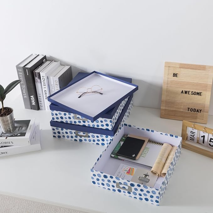 Soul & Lane - Decorative Storage Boxes with Lids, Set of 3, Blue Spots | Large Photo Keepsake Box Set for Organizing Documents and Memories, Cute Flat Nesting Cardboard Organizers for Scrapbooking