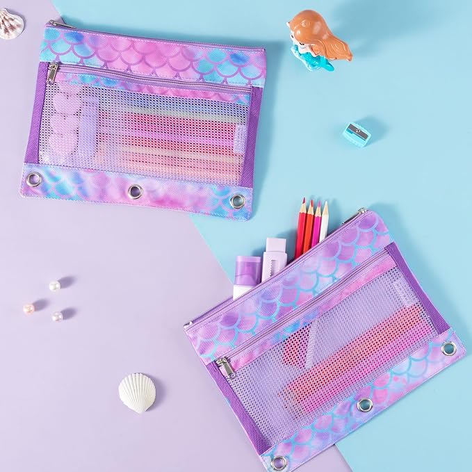 WAWSAM Mermaid Pencil Pouch for 3 Ring Binder, Zipper Pencil Pouch for Girl | 2 Pocket Clear Window Pencil Case, 3 Ring Pencil Pouch for School Supplies, Pencil Bags for Office College