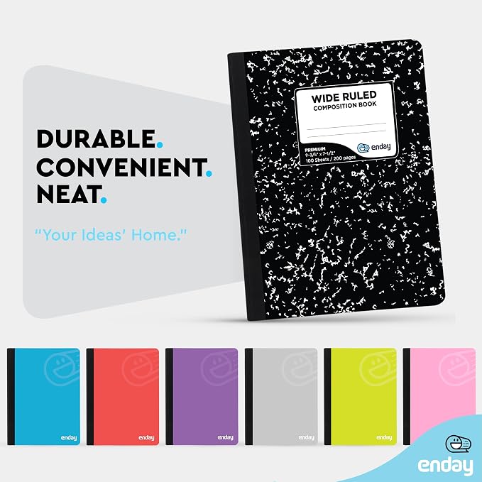 Enday Marble Composition Notebook Wide Ruled (2 Pack) 100 Sheets | Black Composition Notebook For Back to School, Home and Office