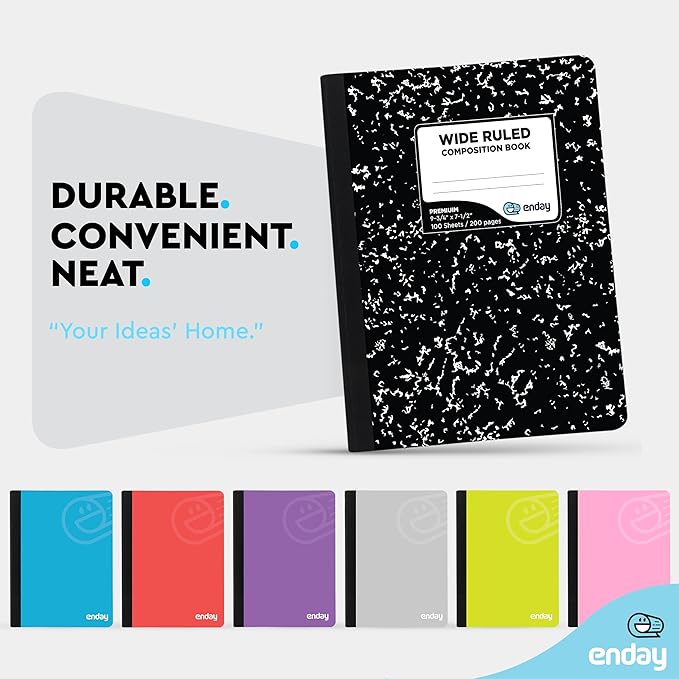 Enday Marble Composition Notebook Wide Ruled (4 Pack) 100 Sheets | Black Composition Notebook For Back to School, Home and Office