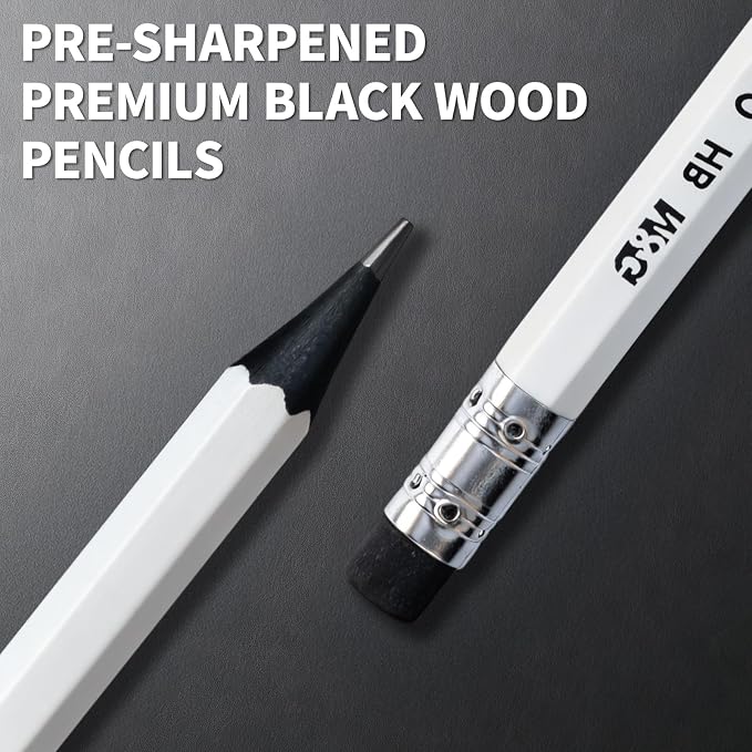 M&G BLACKOO Series HB Wood-Cased Pencils, 24-Pack Pre-Sharpened with Top Erasers, Bulk Black Pencils for School, Teachers, Writing, Drawing and Sketching (White)