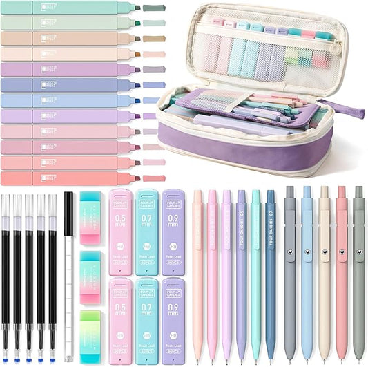 Four Candies School Supplies with Cute Pen Case, 39ct, Purple | Back to School Stationery Set, Essentials for College & Nursing Students, 5 Gel Pens, 6 Mechanical Pencils, 12 Highlighters