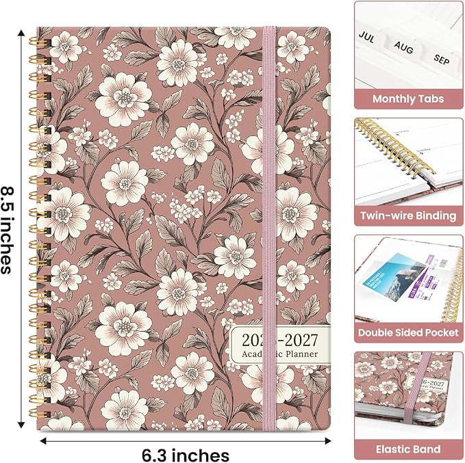 Planner 2026-2027, Academic Monthly and Weekly Calendar Planner for Women, July 2026 - June 2027, Hardcover Pretty Agenda Planner Book with Tabs, Spiral Daily Organizer for School Office Home Supplies, 6.3" x 8.5" - Blush Petals