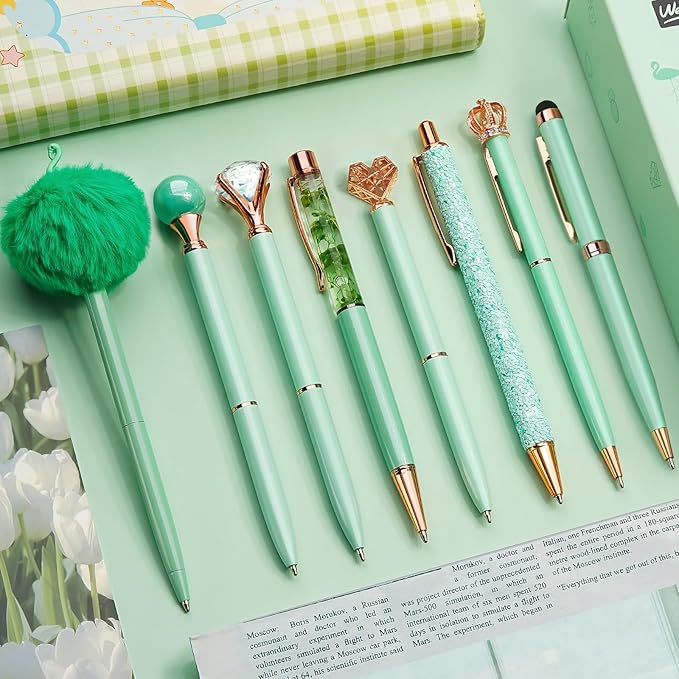 WEMATE 8Pcs Green Pens, Metal Crystal Diamond Pens with Black & Blue Ink | Cute Fancy Pens for Journaling, Office Supplies, Gifts for Women Girls, Birthday & Back to School Supplies