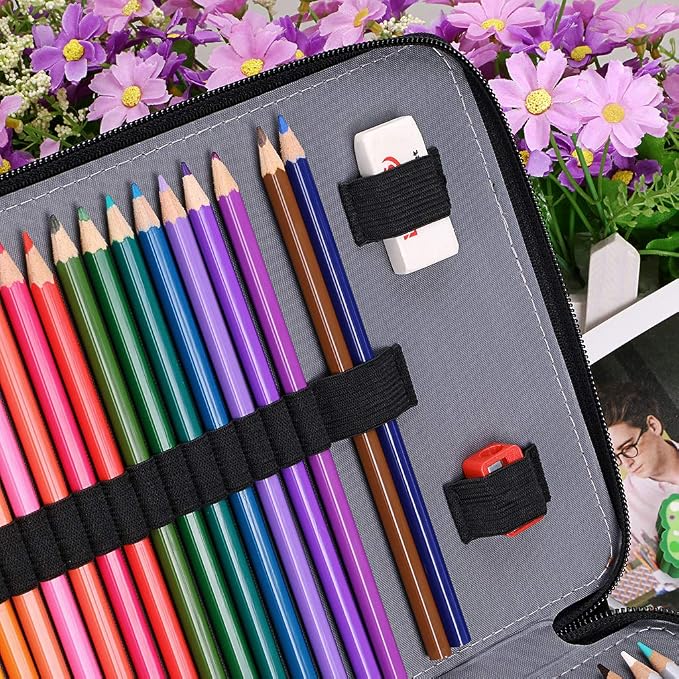 BTSKY 200 Slots Colored Pencil Organizer - Deluxe PU Leather Pencil Case Holder With Removal Handle Strap Pencil Box Large for Colored Pencils Watercolor Pencils Brown