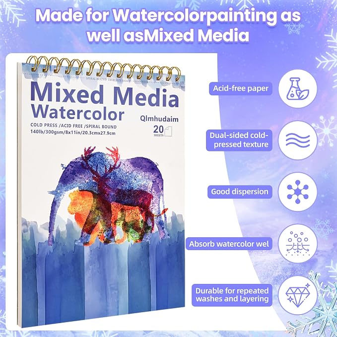 Qlmhudaim Mixed Media Sketchbook 4" x4”| 30 Sheets 140lb/300g | Spiral Bound Tear Line Artist-Grade Watercolor Sketch Book, Compact Watercolor Paper for Sized Exercises & Travel