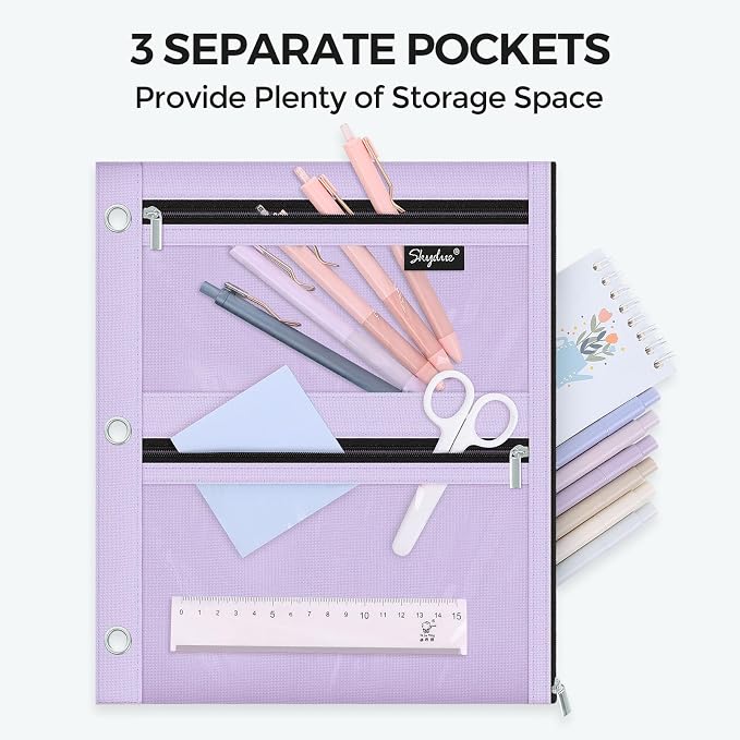 SKYDUE Pencil Pouch for 3 Ring Binder, 3 Compartment Zipper Pencil Case, Large Capacity Pen Organizer with Clear PVC Window for School Supplies, Students, Kids & Teachers