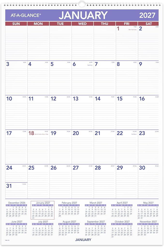 AT-A-GLANCE 2027 Wall Calendar, Monthly, 508 x 762 Mm Planner, Ruled Daily Blocks, PM42827