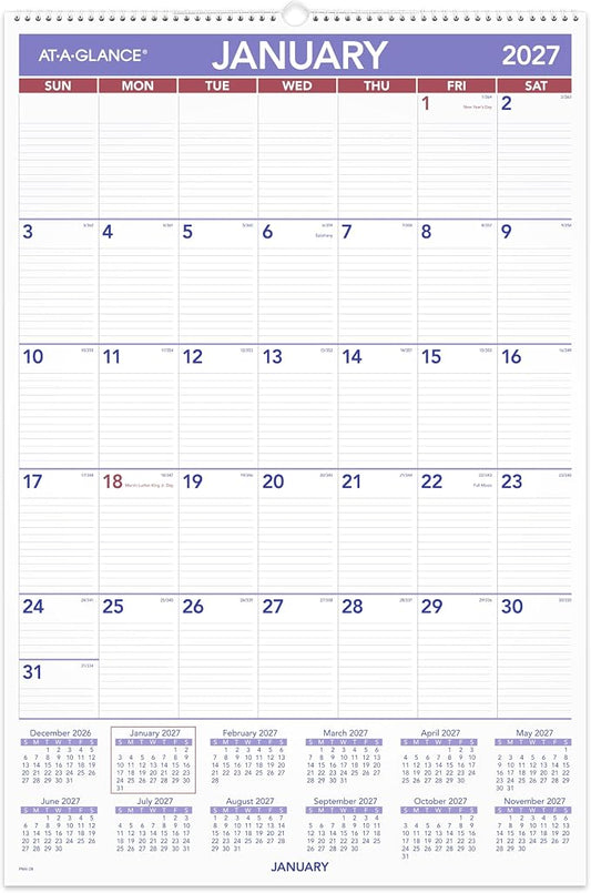 AT-A-GLANCE 2027 Wall Calendar, Monthly, 508 x 762 Mm Planner, Ruled Daily Blocks, PM42827