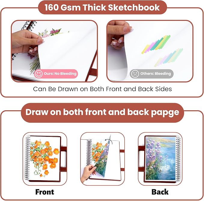 Large Sketchbook for Drawing 9"X 12" Portable Travel Spiral Bound Sketch Book with Pocket(98lb/160gsm) Hardcover Drawing Pad for Adults Watercolor Mixed Media Paper, 60 Sheets/120 Pages, Brown