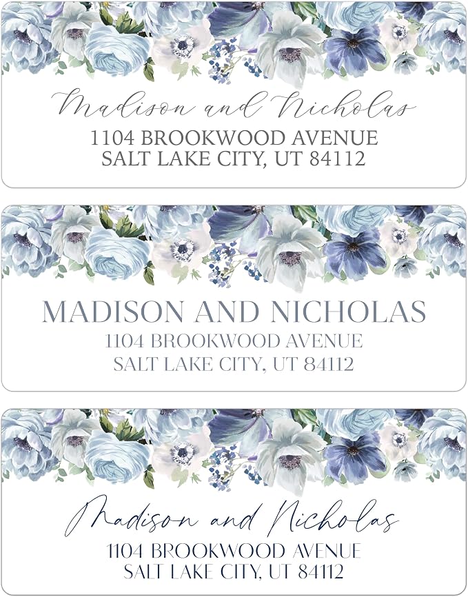 Return Address Labels Personalized with Your Choice of 30 Flower Styles - Choose Font and Font Color or Add Custom Text - Perfect for Wedding Envelopes (021 Blue Flowers)