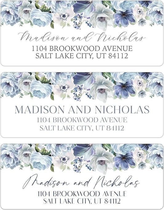 Return Address Labels Personalized with Your Choice of 30 Flower Styles - Choose Font and Font Color or Add Custom Text - Perfect for Wedding Envelopes (021 Blue Flowers)