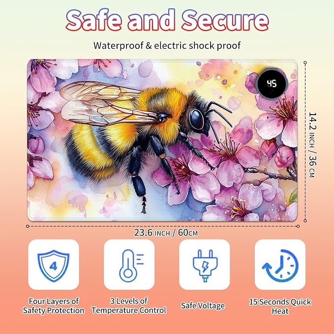 Heated Desk Pad Large Mouse Pad 23.6 x 14.1 inch with 3 Levels Heating & Auto Shut-Off Warm Mouse pad PU Leather Computer Mousepad for Home Office Work - Cherry Blossom and Bee